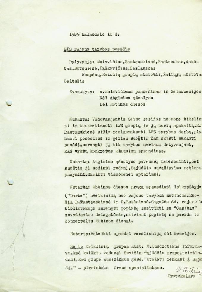 LPS rajono tarybos 1989 m. balandžio 18 d. posėdis. Protokolas